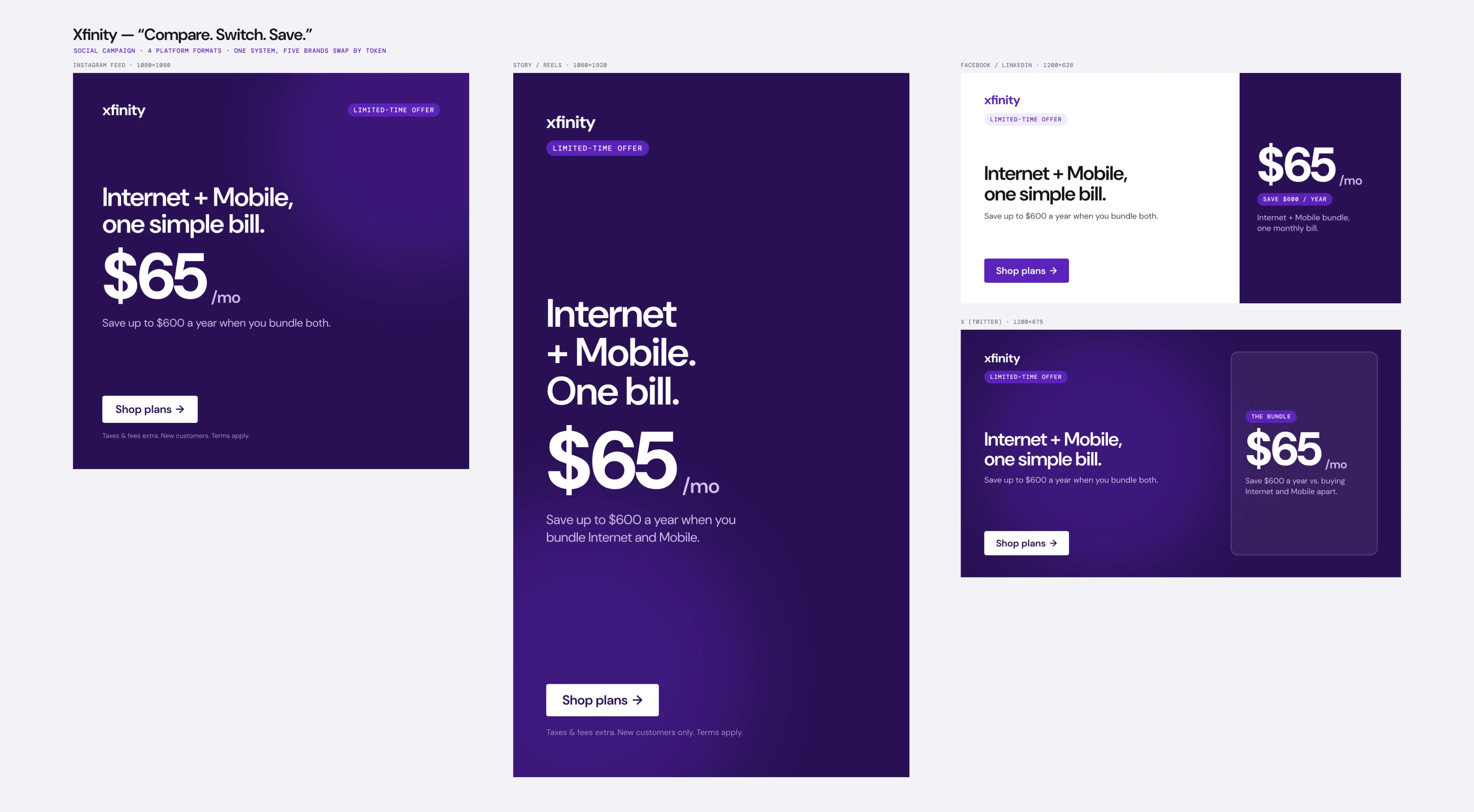 The Xfinity social campaign in four formats: Instagram feed, story, Facebook / LinkedIn and X